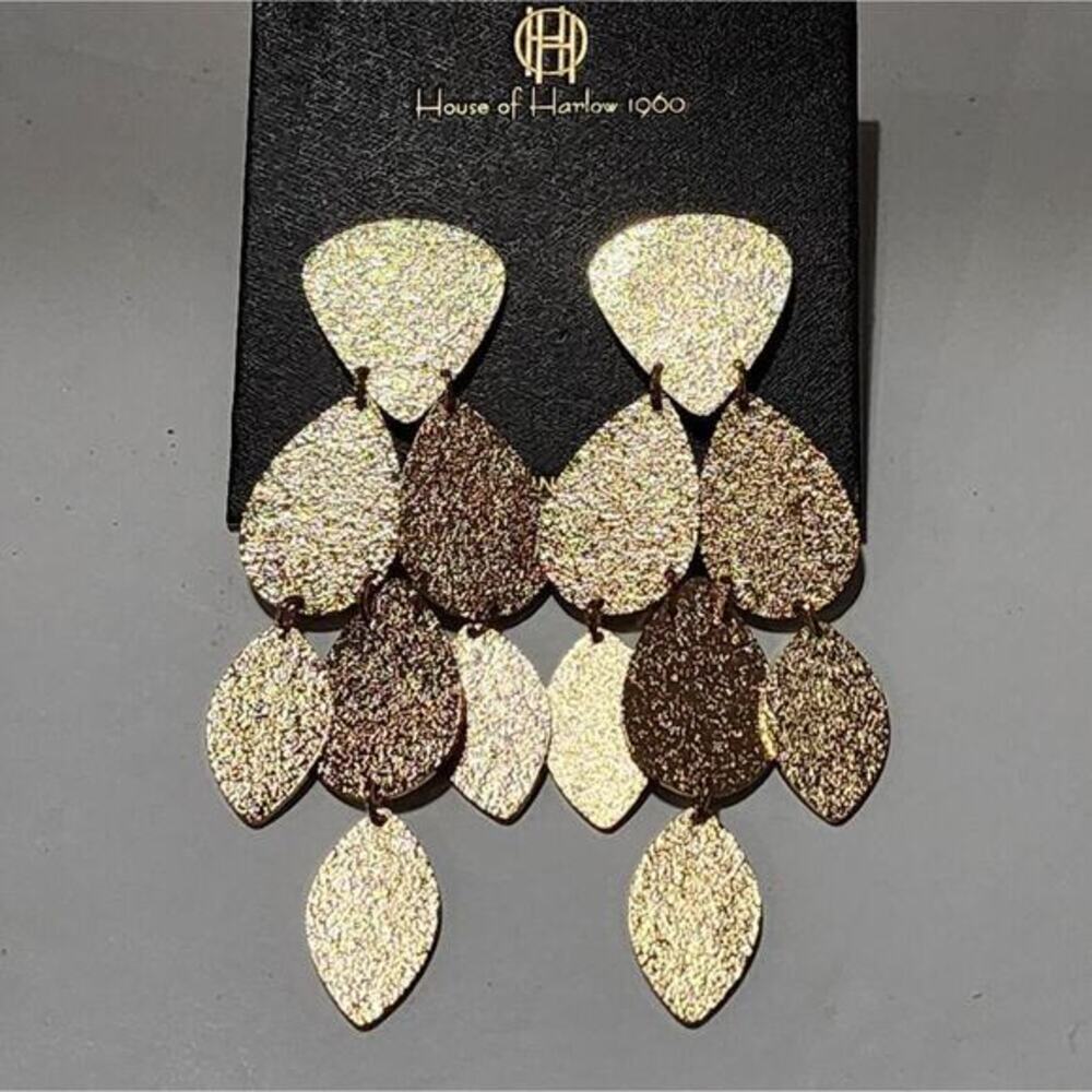 House of Harlow 1969 Gold Leaf‎ Chandelier Dangle Drop Earrings New
